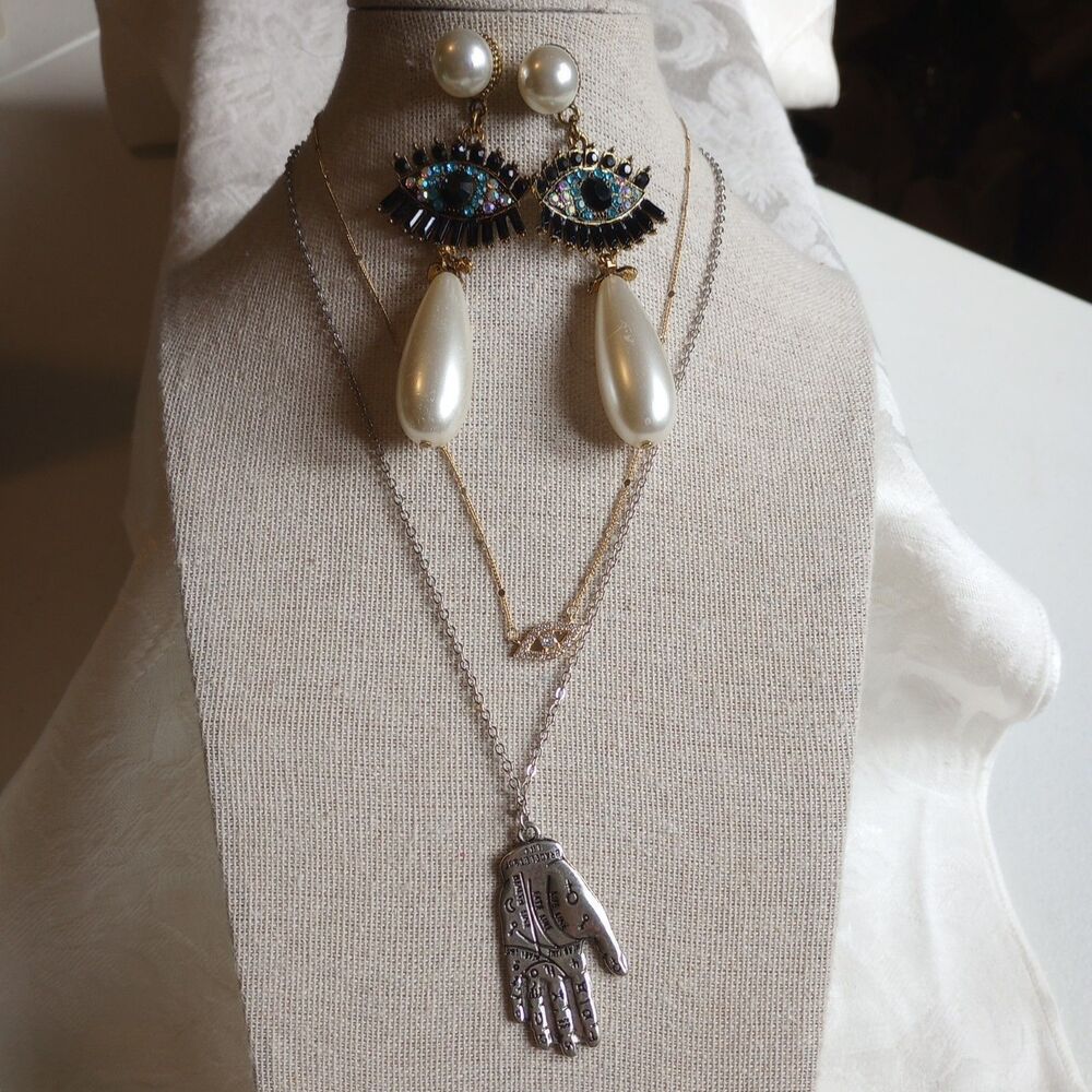 Evil Eye Harma hand protection Rhinestone Pearl Drop Dangle Earring necklace lot